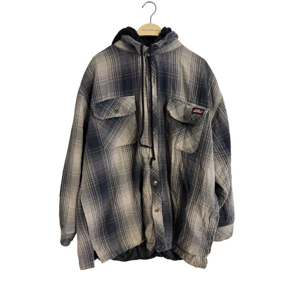 Dickies Relaxed Fit Flannel Hooded Shirt Jacket Black Gray Plaid Pattern 2XL